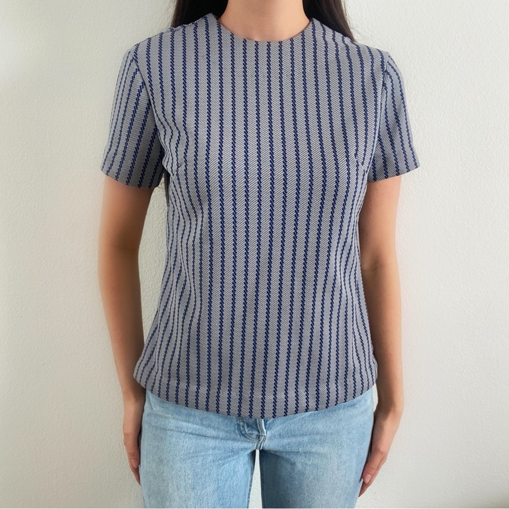 Vintage 70s homemade sewn blue short sleeve blouse high neck top indie cottage